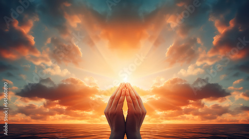 World Mental Health Day concept, Silhouette prayer hands in the sunset sky background. Generative Ai