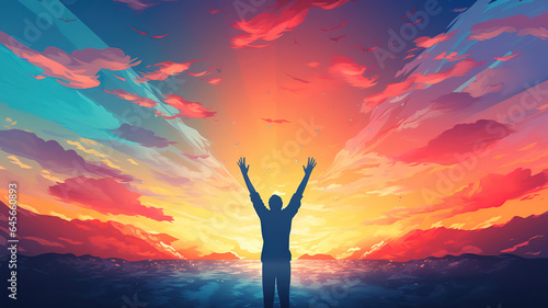 Worship concept, Silhouette of a man with raised hands over blurred nature background. Generative Ai