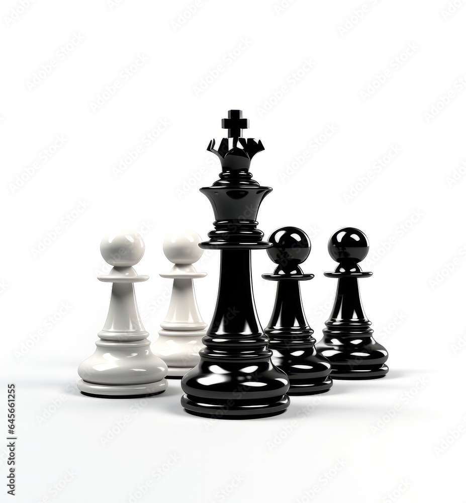 White and black chess pieces on a white background. The concept of board games and the development of logic. White and black chess pieces on a white background. The concept of board games and the development of logic.