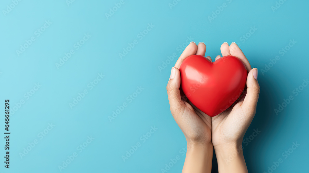 Fototapeta premium Close up hands holding red heart. Generative Ai