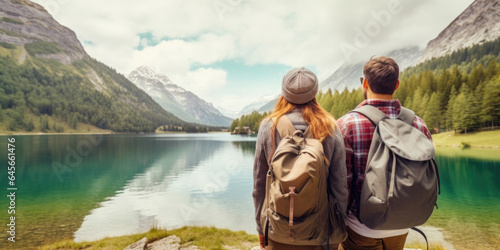 Travelers couple look at the mountain lake. Travel and active life concept with team. Adventure and travel in the mountains region in the Austria