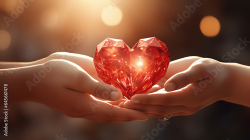 Love, relationship, charity and medicine concept, man hand giving red heart to woman. Generative Ai photo