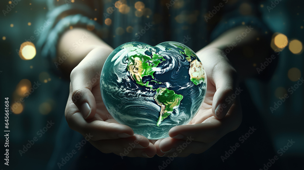 Fototapeta premium World heart day and environmental protection concept with love earth in community. Generative Ai