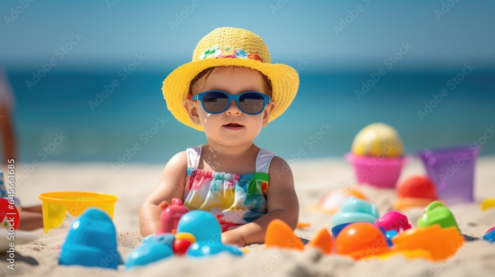 Cute toddler girl with sunglasses playing with toys on beach.