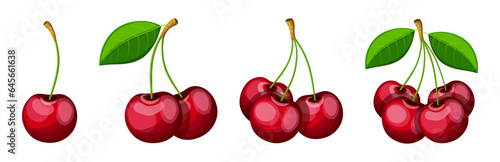 Set of delicious cherries in cartoon style. Vector illustration of different tasty and juicy cherries with green leaves isolated on white background.Healthy and nutritious food. Sweet cherries.