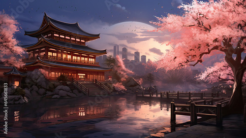 Cherry blossoms in full bloom by a serene temple. AI generative