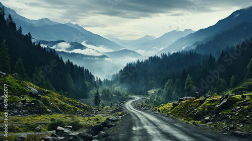 A Road in The Middle of a Mountainous Forest Under The Foggy Sky