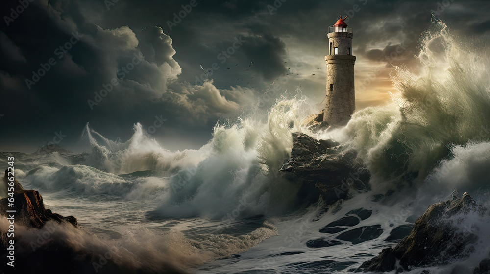 An old lighthouse on a cliff with raging waves below.  AI generative