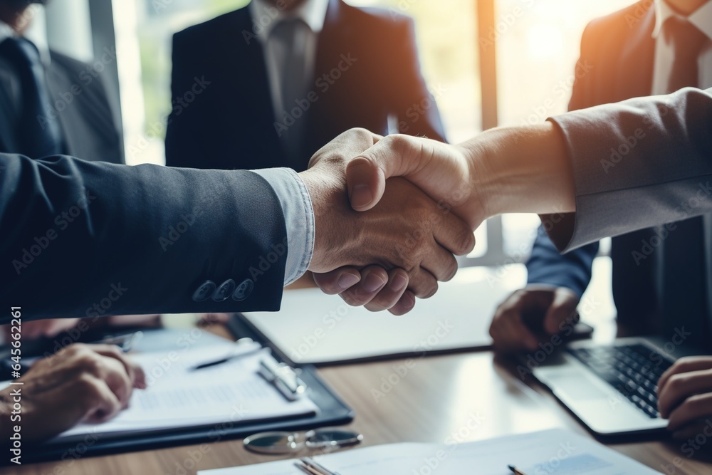 Happy business team shaking hands with clients in the office Smiling executive team making deals with customers and shaking hands at work inside the office conference room. Happy business team shaking hands with clients in the office Smiling executive team making deals with customers and shaking hands at work inside the office conference room.