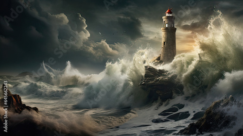 An old lighthouse on a cliff with raging waves below. AI generative