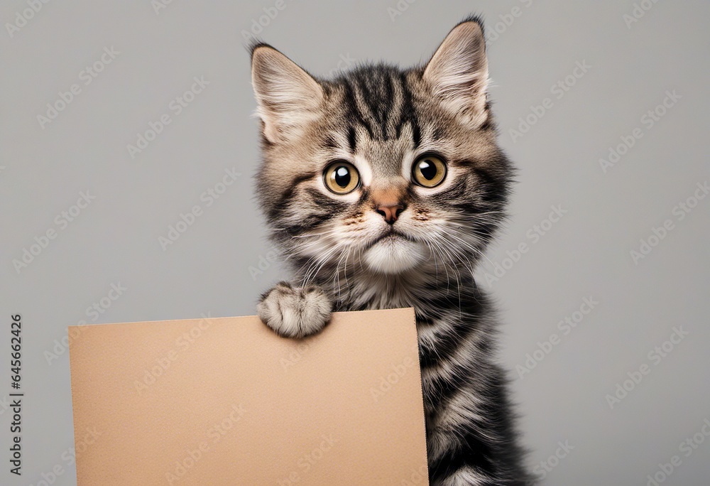 Funny little kitten holds in its paws banner for your advertising on light background, cute cat
