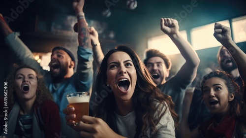 Young people with beer in hands cheer football game together at bar. AI Generated.