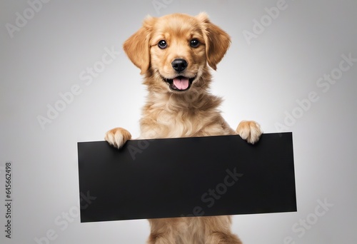 Funny puppy with banner for your advertising, mockup, concept of discounts and sales, on light background