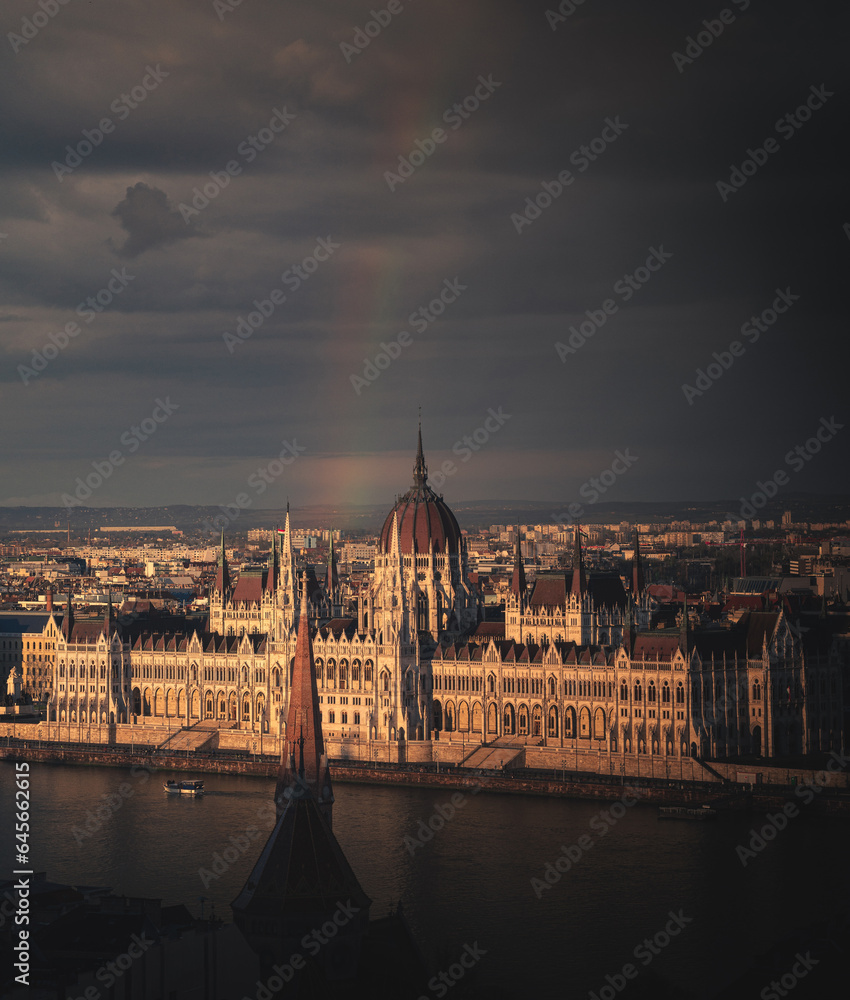 Famous Hungarian Parliament with rainbow