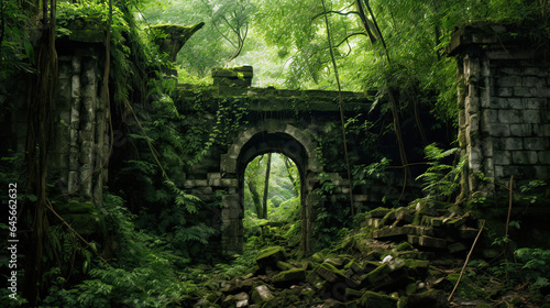 An overgrown ruin or temple reclaimed by nature. AI generative