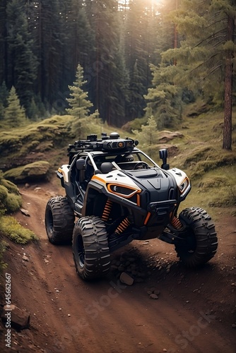 an off-road, all-terrain autonomous vehicle designed for extreme environments, equipped with rugged tires, advanced sensors, and a protective, modular exoskeleton-generative ai