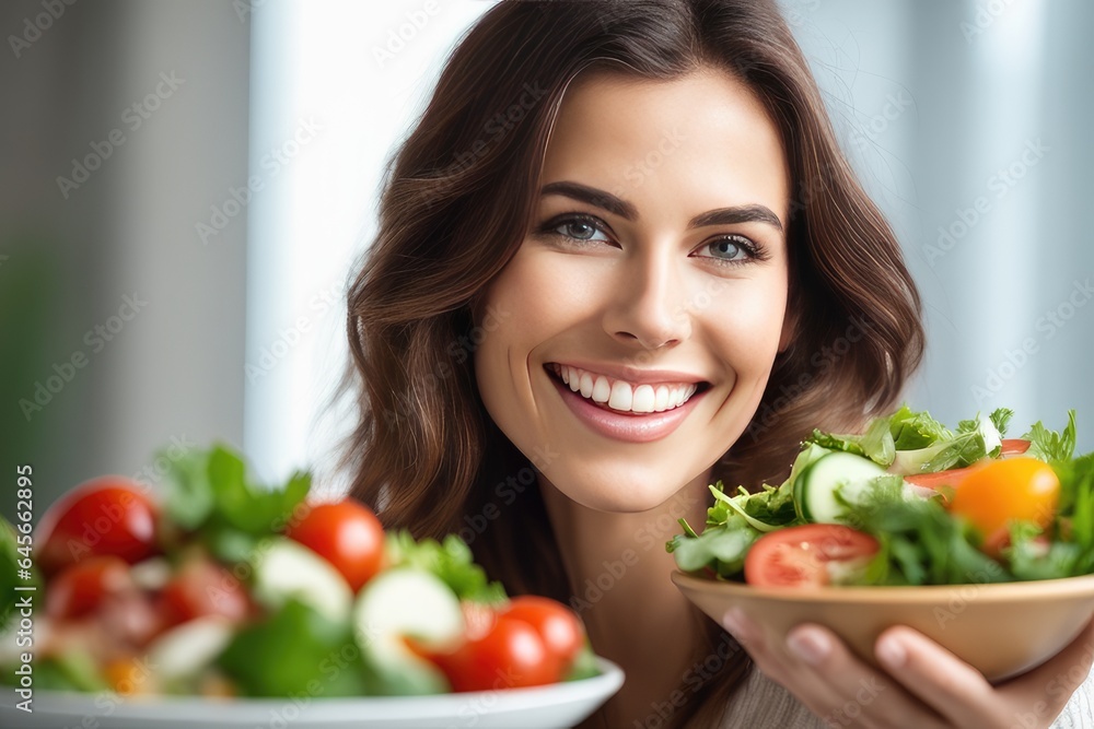 smiling woman holding a bowl of salad smiling woman holding a bowl of salad
