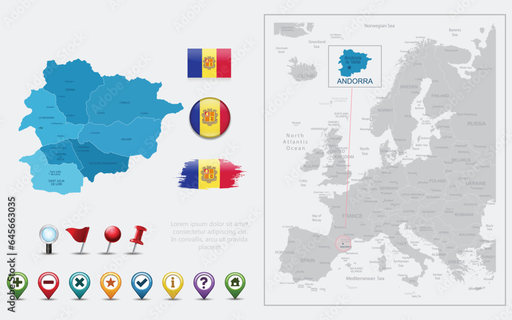 Obraz premium Andorra map, flag and navigation icons. Vector illustration