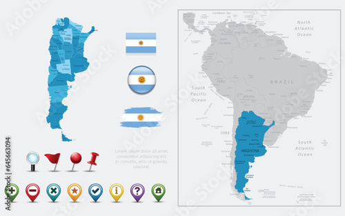 Argentina map, flag and navigation icons. Vector illustration