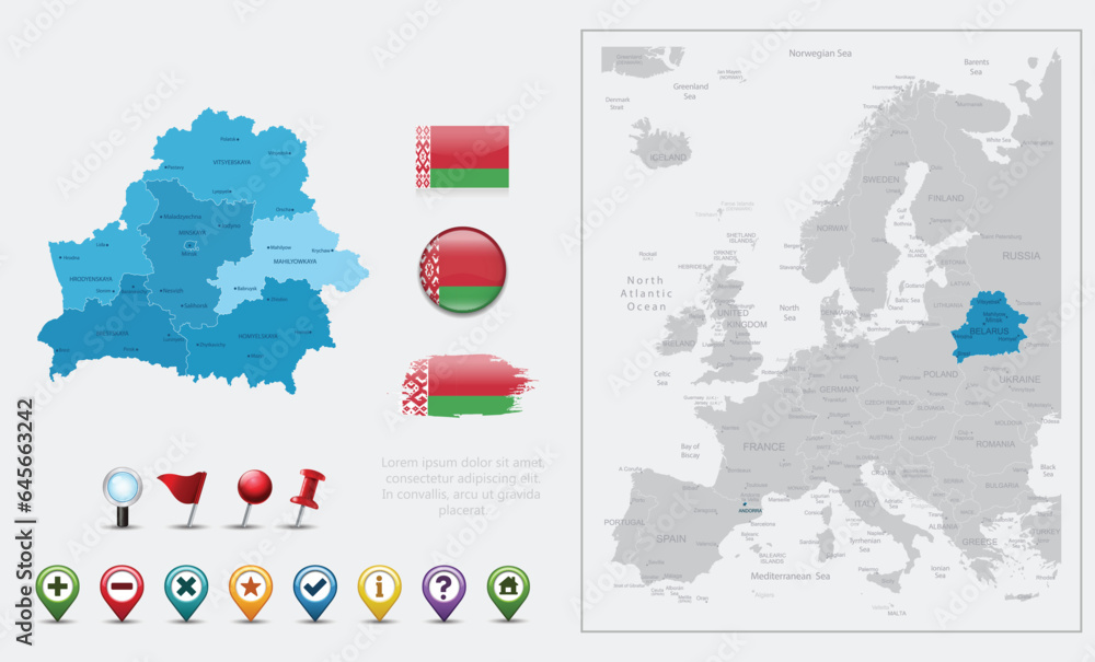 Obraz premium Belarus flag, map and navigation icons. Vector illustration