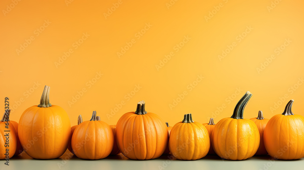 Front view pumpkins with orange background. Generative Ai Front view pumpkins with orange background. Generative Ai