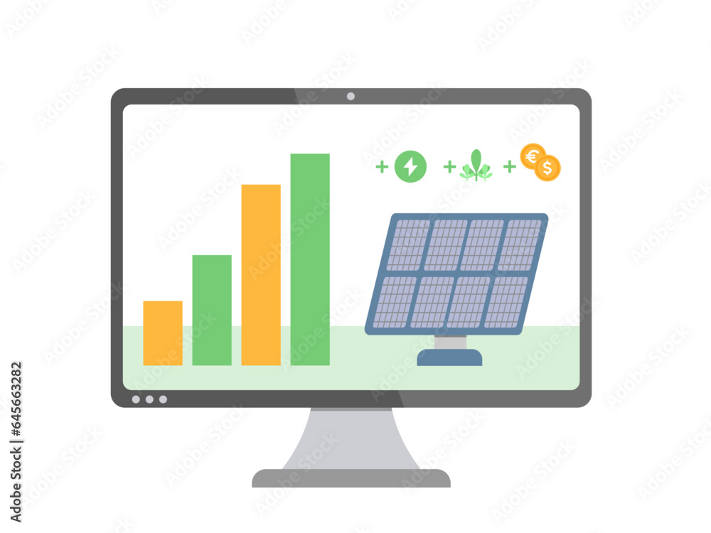 Diagram with benefits of using pv panels on monitor. Inforgraphic with pv cell panels for sustainable energy, sustainable climate and saving money concept. Vector illustration. Diagram with benefits of using pv panels on monitor. Inforgraphic with pv cell panels for sustainable energy, sustainable climate and saving money concept. Vector illustration.
