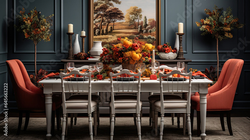 Formal Thanksgiving table and chavari chairs in the fall family group holiday dinner. Generative Ai photo