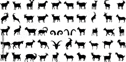 Goat Vector Illustration Collection, Stylish vector illustration of silhouettes of goats on a white background. stunning black and white collection of various goat silhouettes. 
