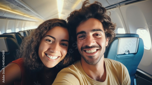 Young handsome couple taking a selfie on the airplane during flight around the world. They are a man and a woman, smiling and looking at camera. Travel, happiness and lifestyle concepts. © Sasint