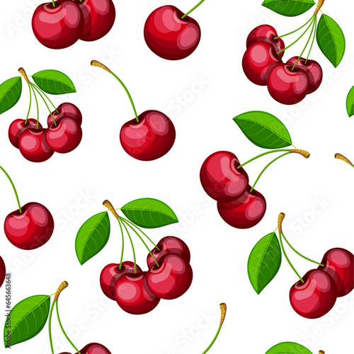 Seamless pattern with beautiful cherries in cartoon style. Vector illustration of a pattern with delicious and juicy cherry berries with green leaves isolated on a white background.  Sweet cherries.