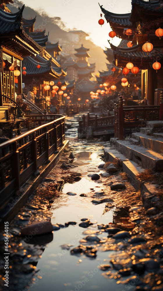 Ancient Chinese City of Zen Temples and Wooden Path Leads to Temple at Golden Hour
