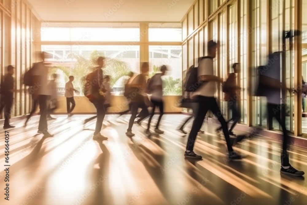 Photo blurry, Abstract Image of student People Walking on the school. Generative AI.