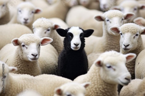 One black sheep in a flock of white sheep. Generative AI.