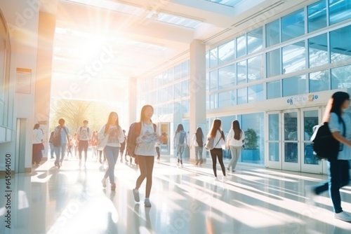 Photo blurry, Abstract Image of student People Walking on the school. Generative AI.