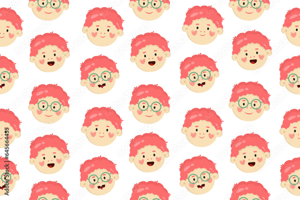 Seamless pattern with cartoon characters of little boy. Romantic little faces, baby, kids with red or pink hairs on white background Seamless pattern with cartoon characters of little boy. Romantic little faces, baby, kids with red or pink hairs on white background