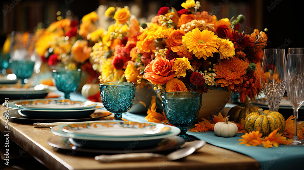 Autumn holiday tablescape formal dinner table setting table scape. Generative Ai