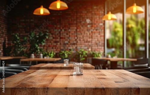 Rustic charm. Empty wooden table in vintage cafe. Blurred tabletop in retro diner. Modern elegance. Counter with bokeh lights