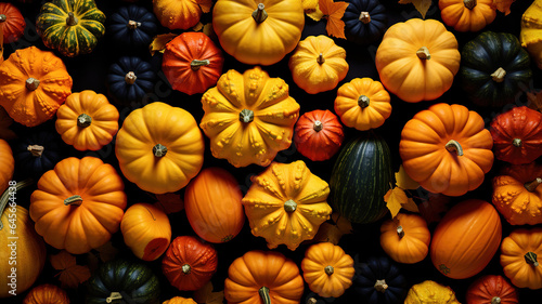Thanksgiving concept, Pumpkins harvest top view. Generative Ai