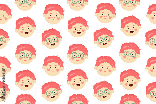 Fototapeta Naklejka Na Ścianę i Meble -  Seamless pattern with cartoon characters of little boy.  Romantic little faces, baby, kids with red or pink hairs on white background