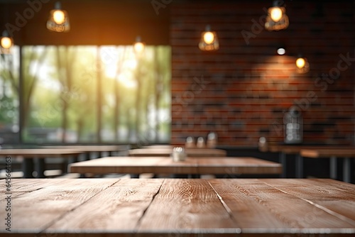 Rustic charm. Empty wooden table in vintage cafe. Blurred tabletop in retro diner. Modern elegance. Counter with bokeh lights