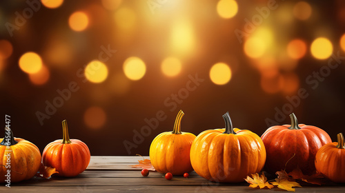 Thanksgiving or autumn scene with pumpkins autumn leaves and berries on wooden table. Generative Ai