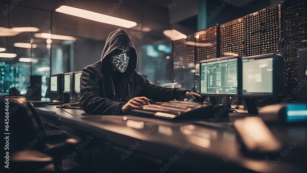 dagerous hacker stealing data inside a server room