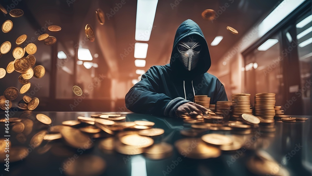 dagerous hacker stealing money inside a server room - obrazy, fototapety, plakaty 