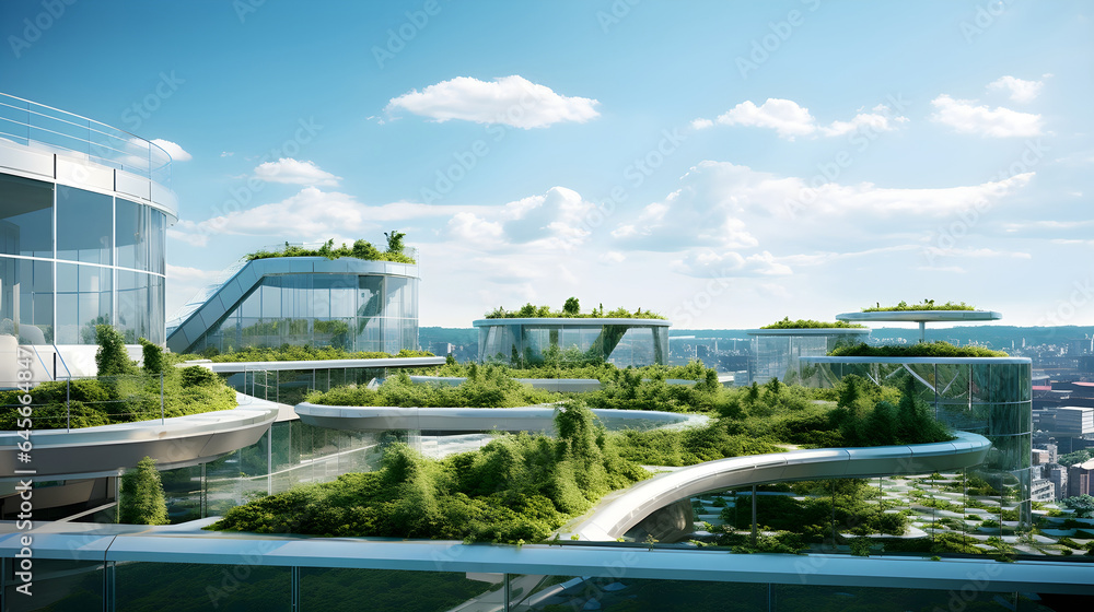 Modern buildings covered with green plants. Eco-friendly architecture, ecological construction, habitat preservation and urban reforestation concepts - obrazy, fototapety, plakaty 