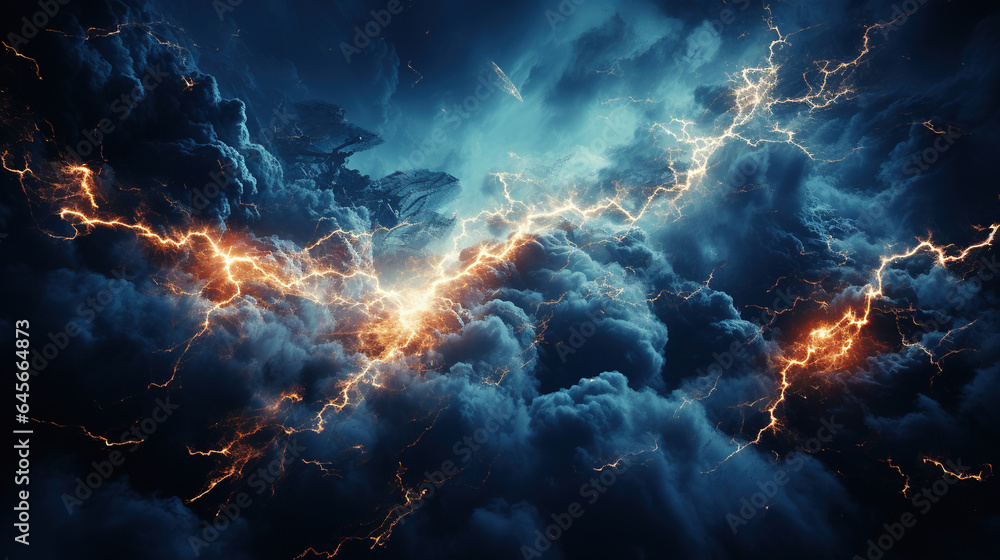 Fototapeta premium Night Thunderstorm Lightning in a Raging Sea A Atrong storm in the Ocean Big Waves