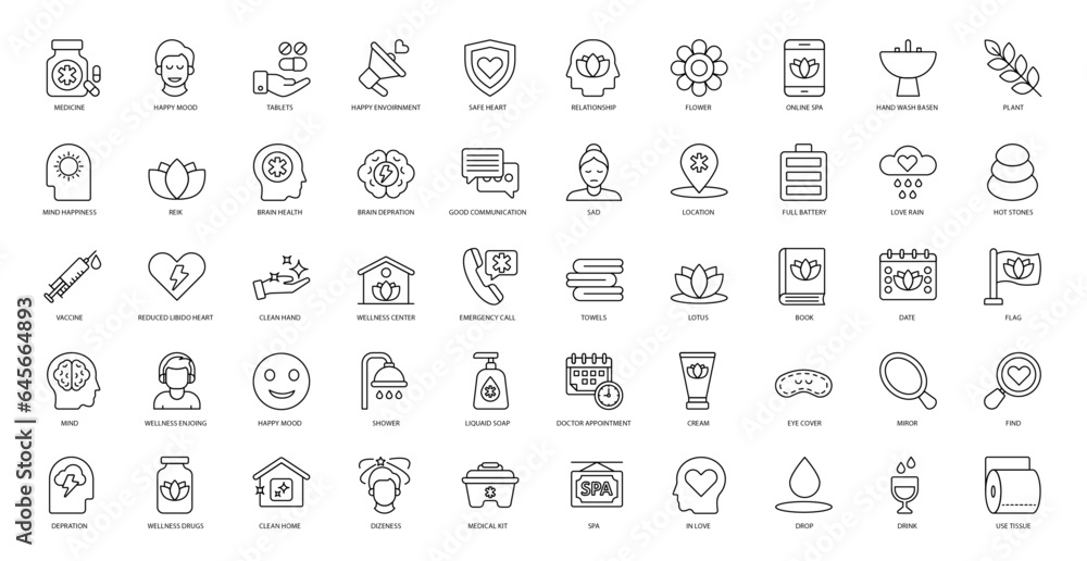 Wellness Spa Thin Line Icons Mind Happiness Iconset in Outline Style 50 Vector Icons in Black Wellness Spa Thin Line Icons Mind Happiness Iconset in Outline Style 50 Vector Icons in Black