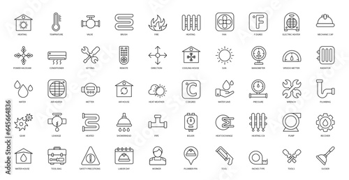Plumbing & Heating Thin Line Icons Heater Mechanic Iconset in Outline Style 50 Vector Icons in Black	
