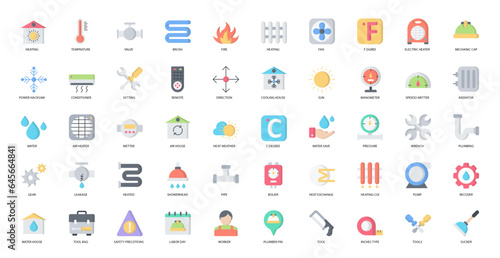 Plumbing & Heating Flat Icons Heater Mechanic Iconset in Color Style 50 Vector Icons