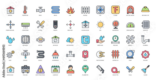 Plumbing & Heating Color Line Icons Heater Mechanic Iconset in Filled Outline Style 50 Vector Icons