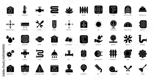 Plumbing & Heating Glyph Icons Heater Mechanic Iconset in Glyph Style 50 Vector Icons in Black	